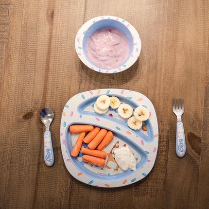 Bluey 4-Piece Place Setting - BPA Free Dishwasher Safe Toddler Dinnerware Set with Divided Plate, Bowl, Fork, Spoon - Multicolor