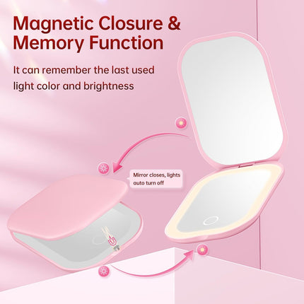Ultra Slim Pocket Mirror with Light, 1X/3X Compact Travel Mirror,Light Pink