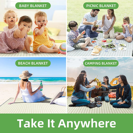 Extra Large Picnic Outdoor Blanket, 80''X80'' Waterproof Foldable Blankets Gingham Picnic Mat for Beach, Camping Grass Lawn Park Accessories Cute Couple Gifts Ideas Wedding Registry(Green White)