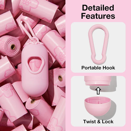 Dog Poop Bag Dispenser with Cherry Blossom Scented Poop Bags, Leak Proof and Extra Thick Pet Waste Bags, 1 Poop Bag Holder and 105 Bags for Dog Walking and Cats Litter, Pink
