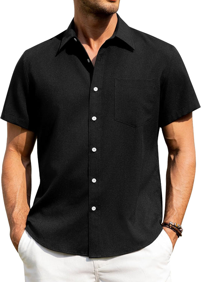 Mens Linen Shirts Short Sleeve Button down Shirts Wrinkle Free Casual Vacation Beach Summer Tops