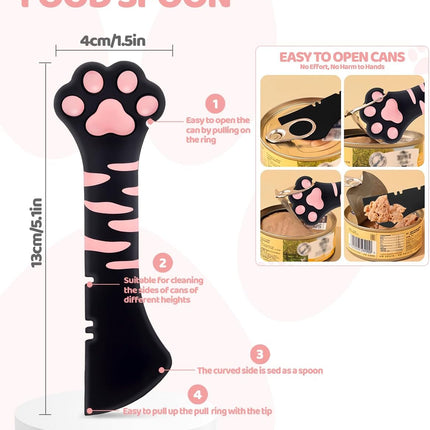 5 PCS Cat Food Can Covers Lids Set, Silicone Pet Food Can Lids with Multi-Function Cat Food Spoon and Opener, Cat Bar Squeezer, Stainless Steel Wet Food Spoon for Cats and Dogs (Pink) (Black Pink)