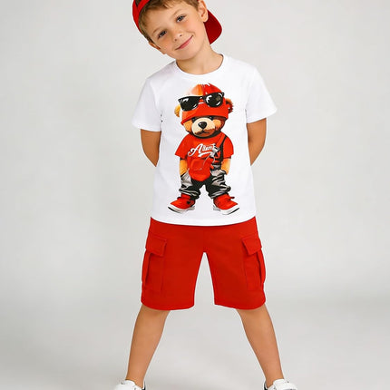 Boys' 2-Piece Summer Outfit Short Sleeve Graphic T-Shirt and Cargo Shorts Set Toddler to Big Kid Size 5-10