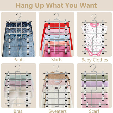 Pants Hangers with Clips,Space Saving Hanging Closet Organizer-6 Tiers Skirt Hangers with 360° Swivel Hook,Closet Organizer-Clothes Hangers- College Dorm Essentials Apartment Essentials-2 Pack