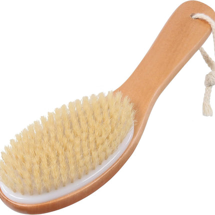 Dry Brushing Body Brush, Natural Boar Bristles Body Scrubber for Bath, Wooden Handle Lymphatic Drainage Brush for Skin Exfoliation and Foot Scrubbing