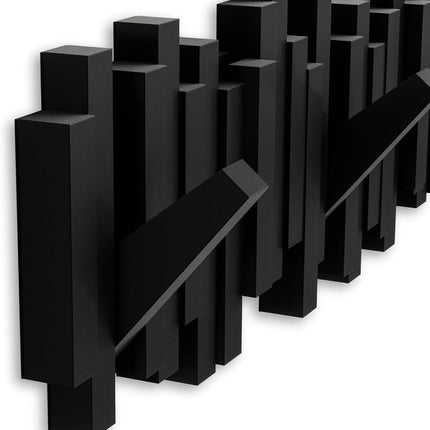 Sticks Wall Mount Coat Rack, 5 Hook Retractable Pegs, Black | Mounting Hardware Included, Sculptural Modern Design, Entryway or Bedroom Use, Recycled Plastic