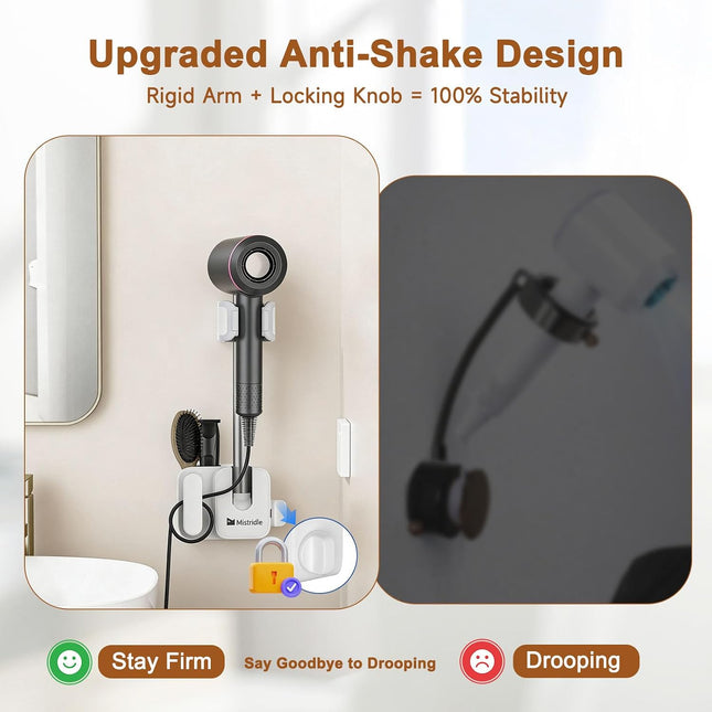Hands Free Hair Dryer Holder Wall Mount, Anti-Shake Blow Dryer Stand with Storage Slot, Drill-Free Adhesive or Screw Installation, Height & Front-Back Adjustable Arm, Bathroom Organizer(White)