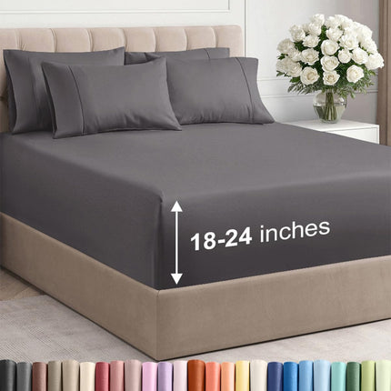Extra Deep Queen Sheet Set - 6 Piece Breathable and Cooling Sheets - Grey | Hotel Luxury Bed Sheets Set, Easy & Secure Fit, Ultra-Soft, Wrinkle & Fade Free, Comfy Sheets Set with Extra Deep Pockets