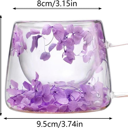 Double Walled Glass Cups 200Ml/6.8Oz, Floral Design with Handle