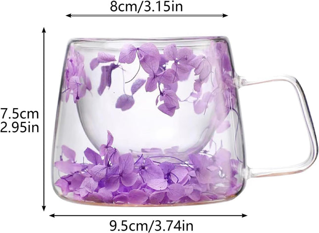 Double Walled Glass Cups 200Ml/6.8Oz, Floral Design with Handle