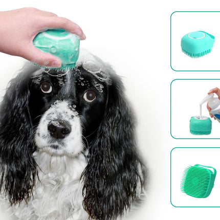 Pet Grooming Bath Massage Brush with Soap and Shampoo Dispenser Soft Silicone Bristle for Long Short Haired Dogs Cats Shower (Yellow)