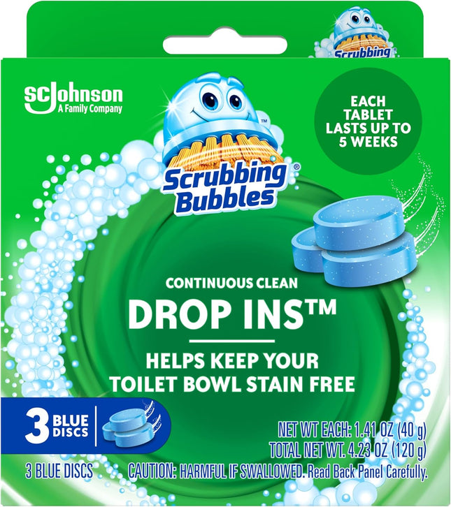 Scrubbing Bubbles Continuous Clean Toilet Drop-Ins - Automatic Blue Toilet Bowl Cleaner, Septic-Safe Tank Tablets for Hard Water Mineral & Limescale Removal, Stain and Odor Protection, 3 Count
