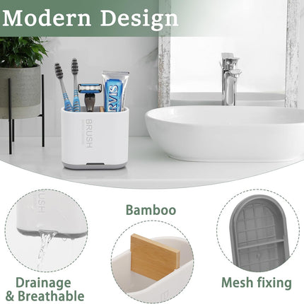 Toothbrush and Toothpaste Holder with Bamboo Divider for Bathroom Countertop Organizer, Detachable for Easy Clean, 2 Slots Electric Toothbrush Holders Storage Caddy Drainage for Family-White