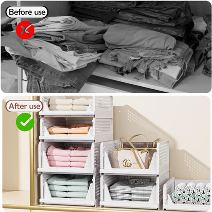 5 Pack Closet Organizers Stackable Storage Box | White Stackable Plastic Drawer Bins for Closets, Wardrobes, Kitchens, Bathrooms, Offices