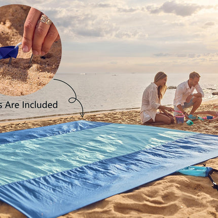 Beach Blanket Sandproof Waterproof, Extra Large Beach Mat, Oversized & Compact Sand Free, Quick Drying Beach Essentials for Vacation, Cruise, Picnic & Camping with Stakes