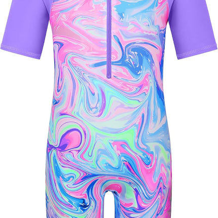 Short Sleeve Girls Swimsuits UV 50+ One Pieces Zipper 2-14Y | from Beach Vacations and Pool Parties to Cruises and Water Parks, This Colorful Floral Swimsuit Is Her Summer Favorite