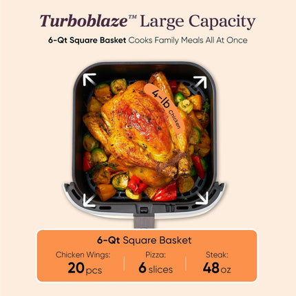 9-In-1 Turboblaze Air Fryer 6 Qt, Smart Control, 90°–450°F, Shake Reminders, Precise Heating for Even Results, Air Fry, Roast, Bake, Broil, Dry, Frozen, Proof, Reheat, Keep Warm, 120V, Cream