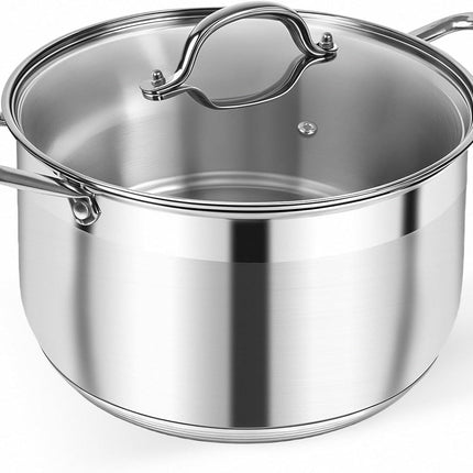 Stainless Steel Stock Pot - 8 Quart Heavy Duty Induction Cooking Pot with Visible Lid for Pasta, Soup, Spaghetti, Nonstick Thick Bottom Big Stockpot, Deep Cookware for Canning, Boiling, Simmer