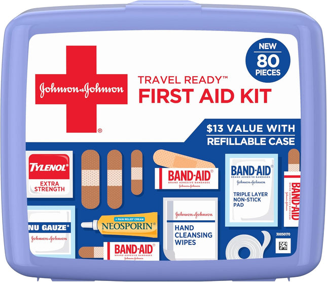 BAND-AID Brand Travel Ready Portable Emergency First Aid Kit, Minor Wound Care, Perfect for Home, Car, Camping, Travel & Outdoor Essentials, Supplies Include Bandages, Neosporin & Tylenol, 80 Piece
