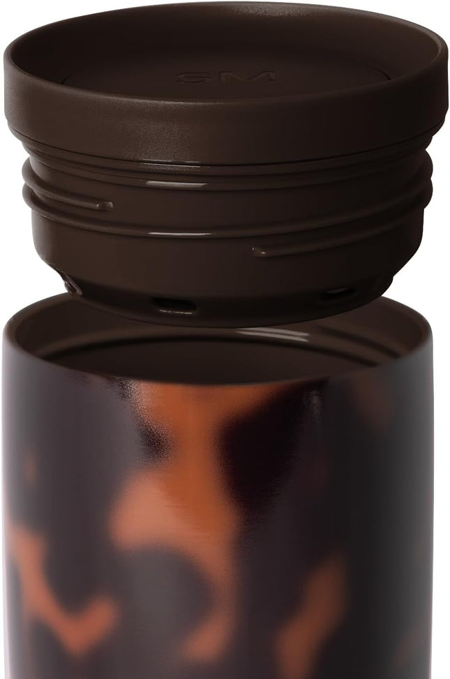 Travel Coffee Mug Tumbler with 360° Lid | Ceramic-Lined Insulated Stainless Steel Cold Brew Iced Coffee Cup | Gift for Women Men Her Him | Voyager Signature | 16Oz | Tortoise
