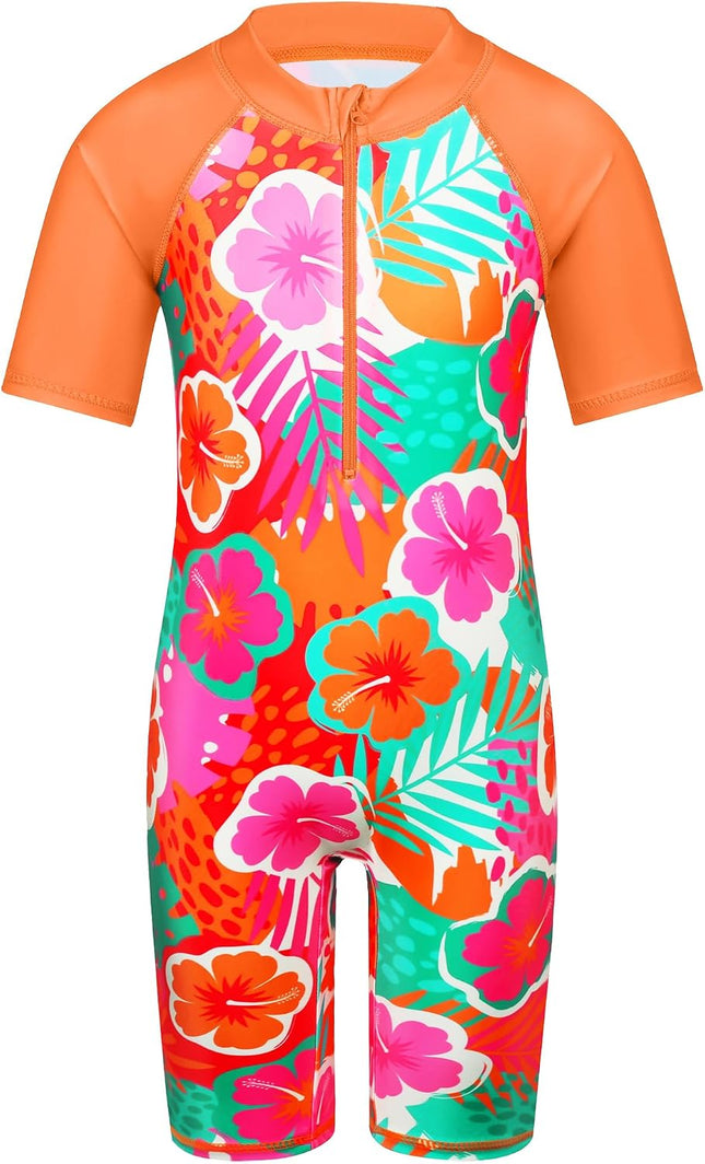 Short Sleeve Girls Swimsuits UV 50+ One Pieces Zipper 2-14Y | from Beach Vacations and Pool Parties to Cruises and Water Parks, This Colorful Floral Swimsuit Is Her Summer Favorite