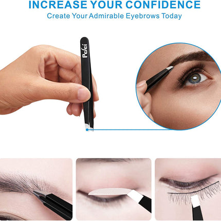 Tweezers Set - Professional Stainless Steel Tweezers for Eyebrows - Great Precision for Facial Hair, Splinter and Ingrown Hair Removal (Black)