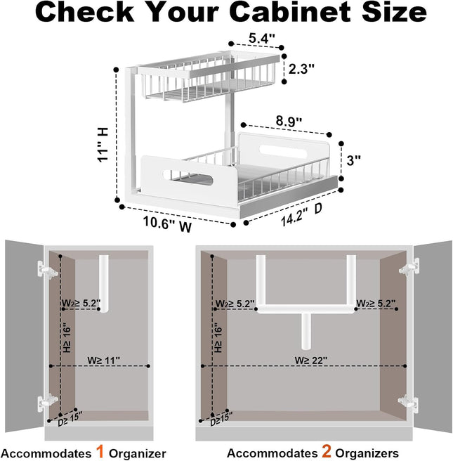 under Sink Organizer, Pull Out Cabinet Organizer 2 Tier Slide Out Sink Shelf Cabinet Storage Shelves, under Sink Storage for Kitchen Bathroom Cabinet, White, 1 Pack