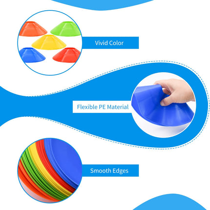 25/50/100Pcs Disc Cones, Agility Soccer Cones with Carry Bag and Holder, 5 Color | for Sports Training, Football, Soccer, Basketball, Coaching, Practice Equipment