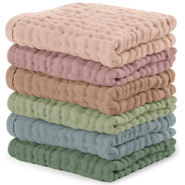 Muslin Baby Washcloths 6 Pack - Soft 6-Layer Cotton Wash Cloths for Sensitive Skin - 10"X10" Large, Gentle, Absorbent Infant Essentials for Newborn and Toddlers - Multicolor