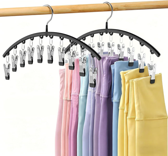 Legging Organizer for Closet, 2 Pack Metal Yoga Pants Hangers W/10 Clips Holds 20 Leggings, Space Saving Hanging Closet Organizer W/Rubber Coated Closet Organizers and Storage, Black
