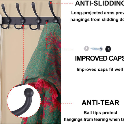 Coat Rack Wall Mounted - 5 Tri Hooks, Heavy Duty, Stainless Steel, Metal Coat Hook Rail for Coat Hat Towel Purse Robes Mudroom Bathroom Entryway (Black, 2 Packs)