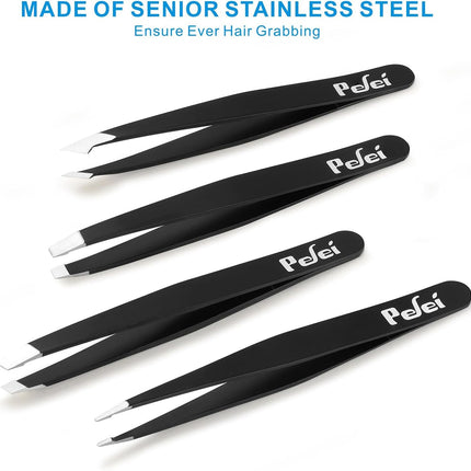 Tweezers Set - Professional Stainless Steel Tweezers for Eyebrows - Great Precision for Facial Hair, Splinter and Ingrown Hair Removal (Black)