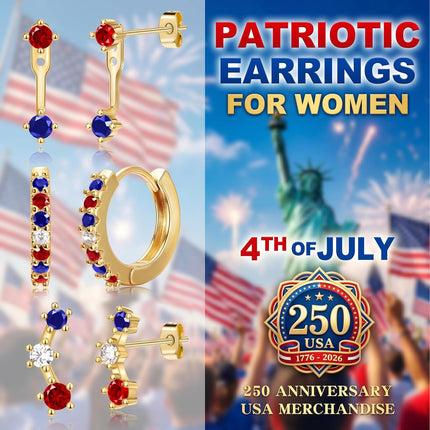 3 Pairs Dainty Small 4Th of July Earrings for Women Trendy, Birthstone Stud Huggie Hoop Jacket Stack for Cartilage Helix, Gold Plated Hypoallergenic Cute Women Fashion Accessories Western Jewelry Gifts