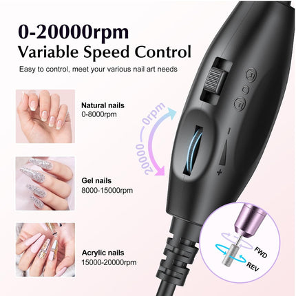 C40 Electric Nail Drill File Professional: for Acrylic Gel Dip Powder Nails Portable Nail Machine Kit Manicure Pedicure Tools Polishing Set with Nail Drill Bits Sanding Bands