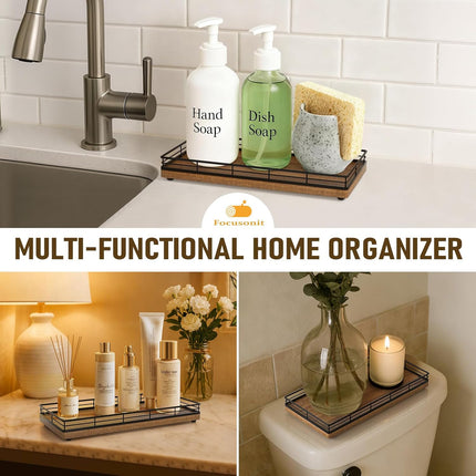 Bathroom Vanity Tray for Countertop, 12" X 6" Acacia Wood Toilet Tank Tray | Metal Guardrail, Bathroom Organizer for Soap, Perfume & Skincare, Non-Slip Decorative Tray for Dresser, Black & Acacia