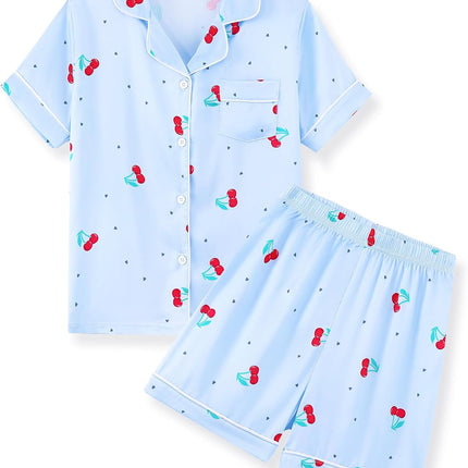 Girls Pajamas 2 Piece Summer Soft Silk Satin Short Sleeve Pajama Set Cute Pjs Sleepwear for Kids Size 6-16 Years