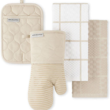 Quilted Cotton Terry Cloth Oven Mitt, Pot Holder, Kitchen Towel 4-Pack Set, Heat Resistant, Silicone Grip, 16"X26", 7"X13" & 7"X10", Milkshake