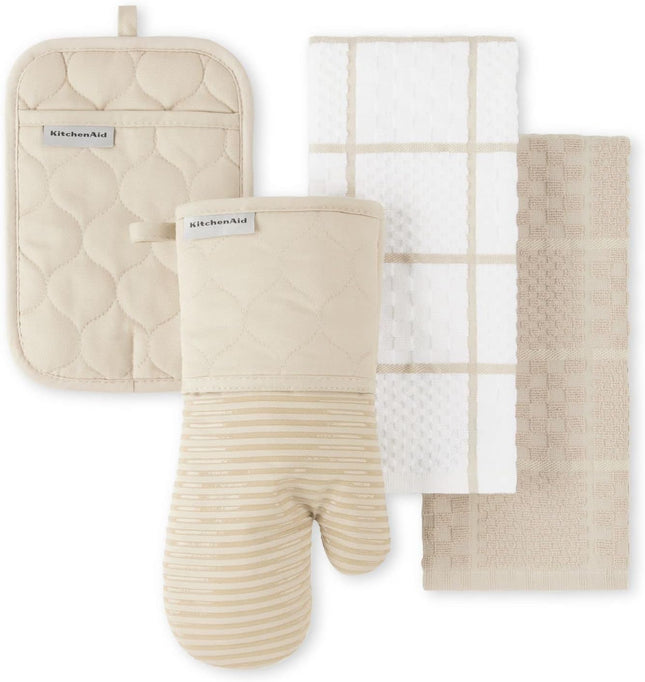 Quilted Cotton Terry Cloth Oven Mitt, Pot Holder, Kitchen Towel 4-Pack Set, Heat Resistant, Silicone Grip, 16"X26", 7"X13" & 7"X10", Milkshake