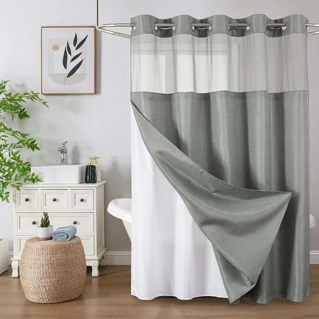 No Hook Shower Curtain with Snap in Fabric Liner, Waffle Weave Heavy Duty Thick Shower Curtains with Mesh Top Window, Hotel Style Waterproof Bathroom Curtain Set, 72 X 75 Inch, Grey
