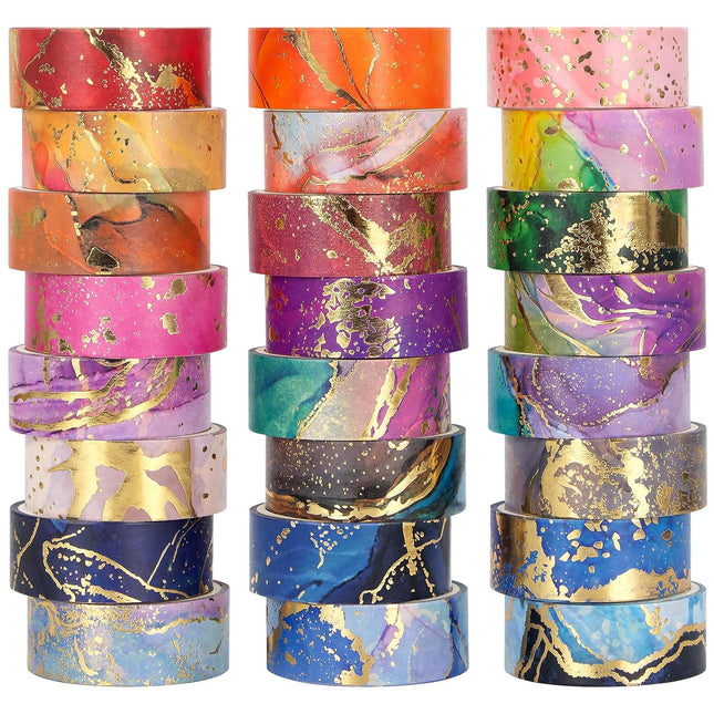Gold Washi Tape Set - 24 Rolls Metallic Foil Marbling Washi Tape, Decorative Washi Tapes for Junk Journal Supplies, Bullet Journal Supplies, DIY Crafts, Scrapbooking, School Supplies