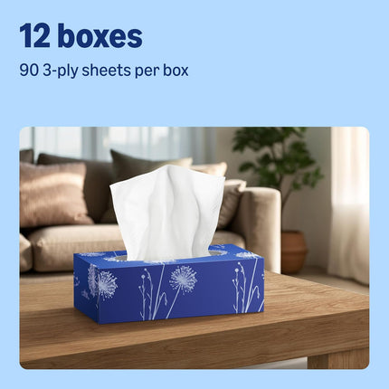 3-Ply Facial Tissues, 1080 Sheets, (12 Packs of 90 Sheets)
