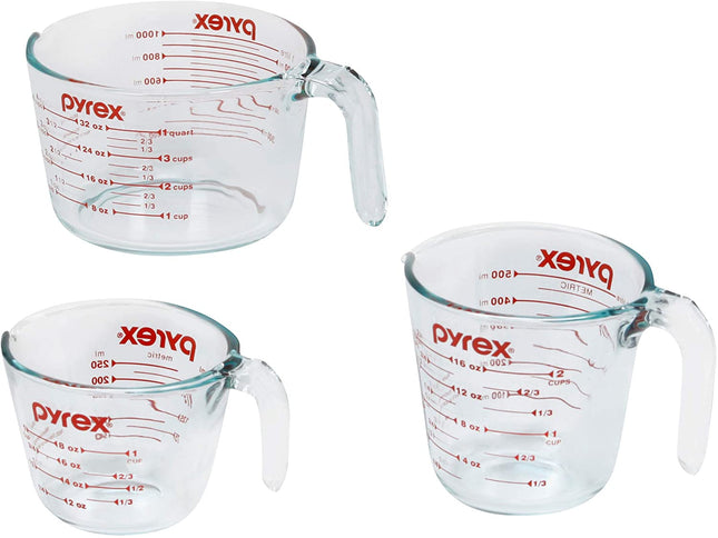 Essentials (3-Pack) Glass Measuring Cups Set, (1, 2 & 4 Cup) Measuring Cups for Prepping, Baking and Cooking, Preheated Oven, Dishwasher, Freezer, and Microwave Safe
