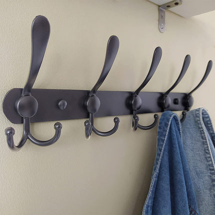 Coat Rack Wall Mounted - 5 Tri Hooks, Heavy Duty, Stainless Steel, Metal Coat Hook Rail for Coat Hat Towel Purse Robes Mudroom Bathroom Entryway (Black, 2 Packs)