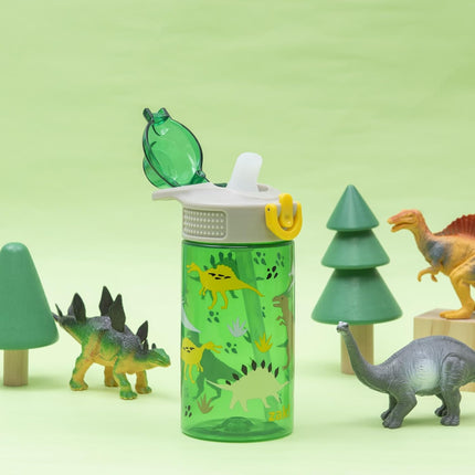 Sage Kids Water Bottle for School, Travel or at Home, 16Oz Durable Plastic Water Bottle with Straw, Handle, and Leak-Proof, Pop-Up Spout Cover (Dino)