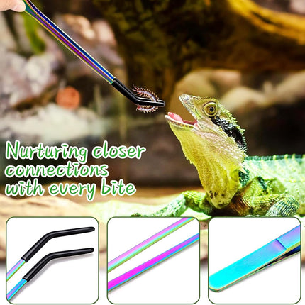 OLIISS Stainless Steel Reptile Feeding Tongs with Rubber Tip - 10.6" Straight & Curved Tweezers for Aquariums & Crafts - Feeder Tools for Bearded Dragons & Lizards - Terrarium Tank Supplies - 2 Pack