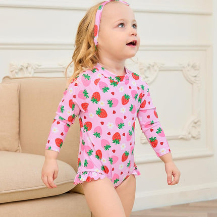 Baby Girl Swimsuit Long Sleeve One-Piece Swimwear with Hat Rash Guard Ruffle Floral Zipper Beach Infant Bathing Suit