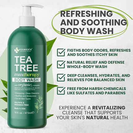Tea Tree Body Wash Maxtherapy with Eucalyptus, Aloe & 100% Tea Tree Oil for Skin, Cleans, Soothes and Refreshes Sensitive, Itchy Skin, Body & Foot Soap for Men & Women, 2-Pack
