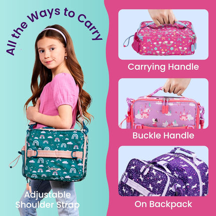 Bentgo Kids Lunch Bag - Double-Insulated, Reusable Lunch Bag for Kids 3+ with Adjustable Strap; Holds Lunch Box/Water Bottle/Snacks; Easy-Clean, Water-Resistant & Pockets (Rainbows & Butterflies)
