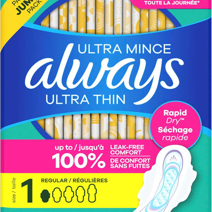 Ultra Thin Feminine Pads with Wings for Women, Size 1, Regular Absorbency, Unscented, up to 100% Leak-Free Protection, 46 Count