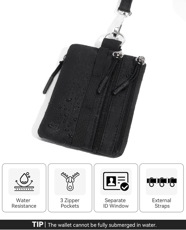 Small Wallet RFID, Minimalist Zip ID Case Wallet with Lanyard Keychain, Water Resistant Card Wallets for Women & Men, Black